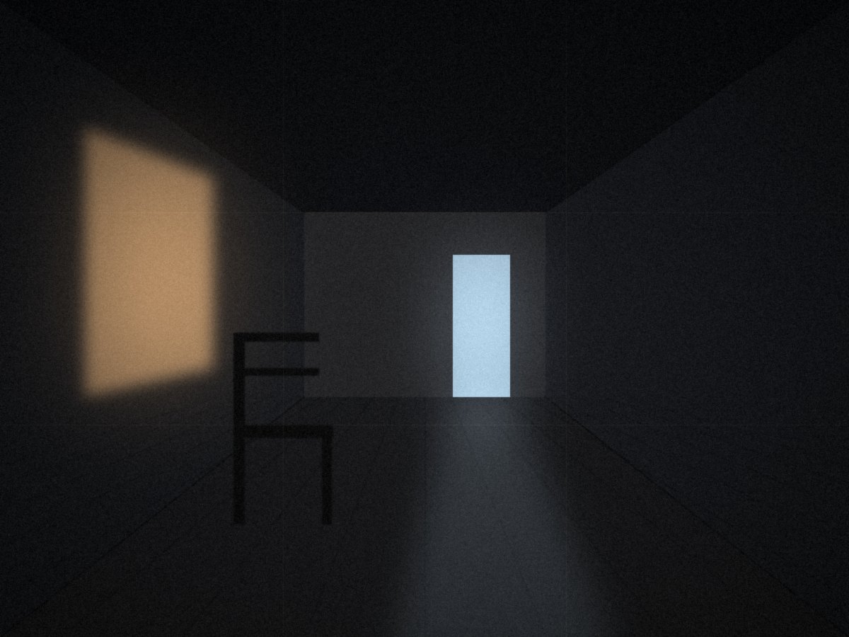 Pasillo en perspectiva central con una puerta iluminada al fondo y una silla en primer plano