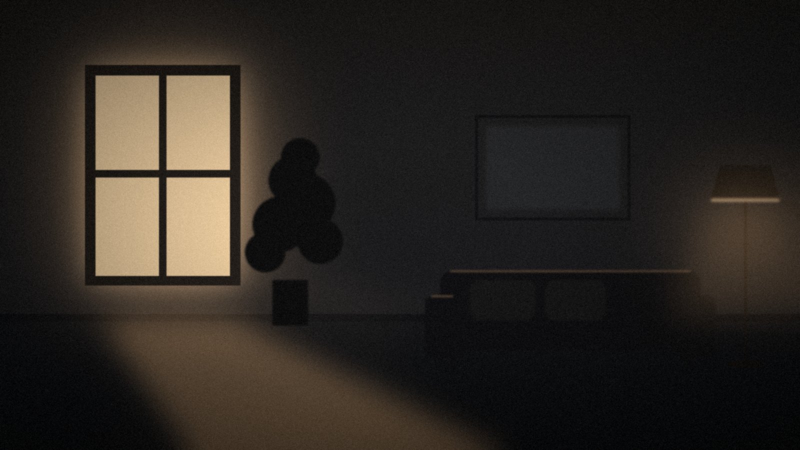 Salón en penumbra con la luz cálida de una ventana extendiéndose sobre el suelo